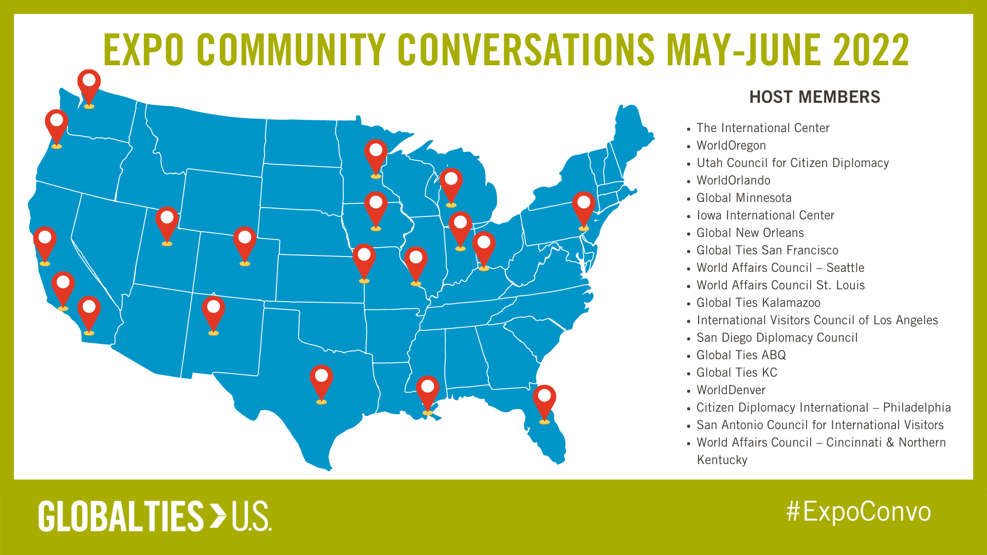 Map of the continental U.S. with red pins marking each city where a Community Conversation was hosted. 